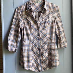 Blue and tan plaid button down shirt